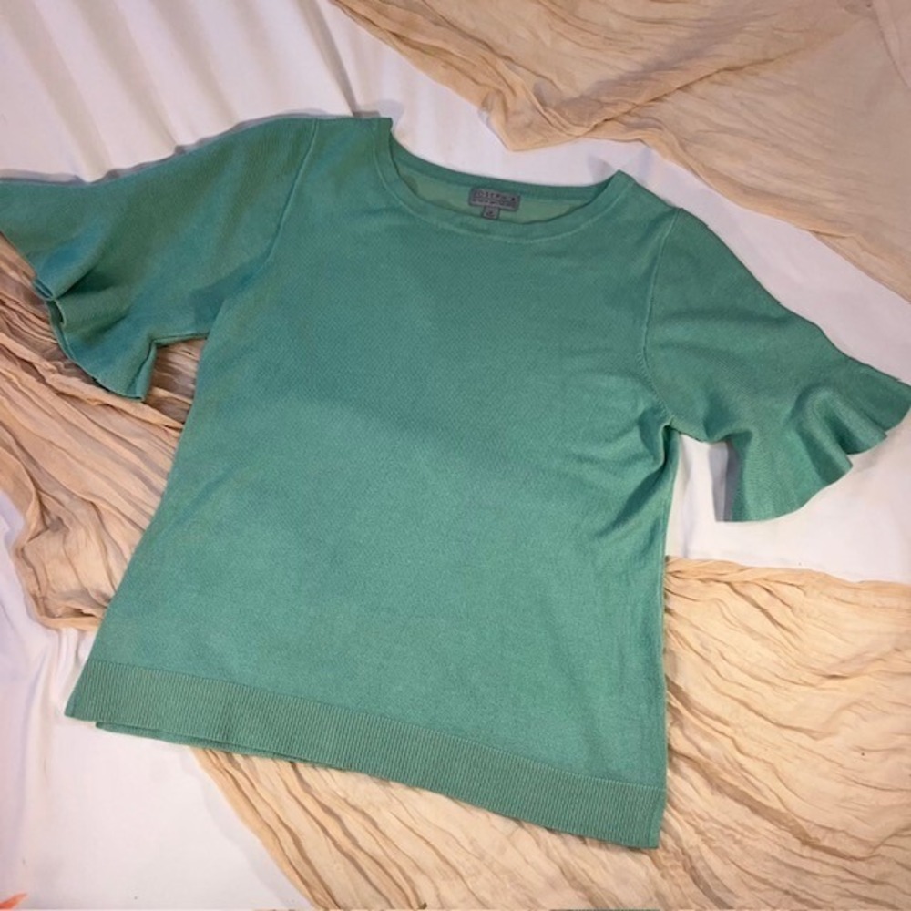 JOSEPH A WOMENS AQUA SWEATER -3/4 RUFFLED SLEEVE SIZE M - Picture 3 of 9
